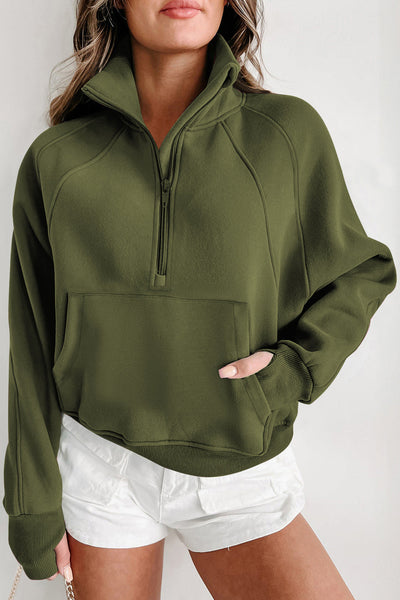 Women's Cozy Green Fleece-Lined Zip-Up Sweatshirt with Stand Collar & Thumbhole Sleeves for Ultimate Comfort