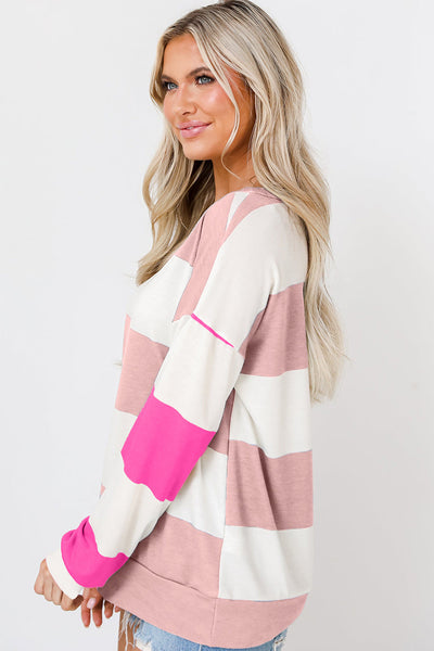 Women's Casual Chic Light Pink Colorblock Striped Long Sleeve Drop Shoulder Top for Effortless Everyday Style