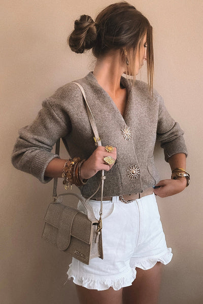 Stylish Women's Taupe V-Neck Cardigan Sweater with Metal Buttons - Comfortable Loose Fit for Every Occasion
