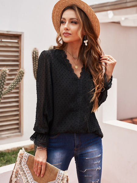 Chic Lace Panel Long Sleeve Blouse