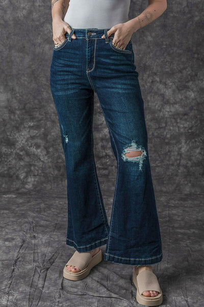 Trendy Women's Real Teal High Rise Ripped Bell Bottom Jeans - Vintage Style for a Flattering, Chic Fit