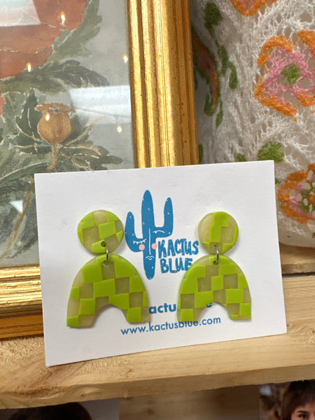 Kactus Blue Checkered Lime Green Clay  Earrings