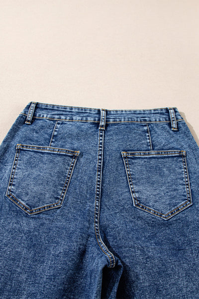 Women's Sky Blue High-Rise Patch Pocket Straight Leg Jeans