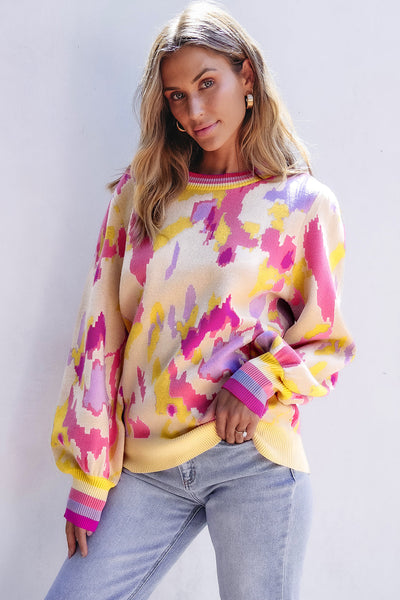 Cozy Women's Khaki Colorblock Balloon Sleeve Sweater with Abstract Print - Trendy Knit Top for Stylish Fall Outfits