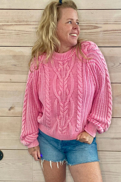 Cozy Women's Pink Cable Knit Sweater - Loose Fit Raglan Top for Everyday Comfort and Stylish Casual Wear