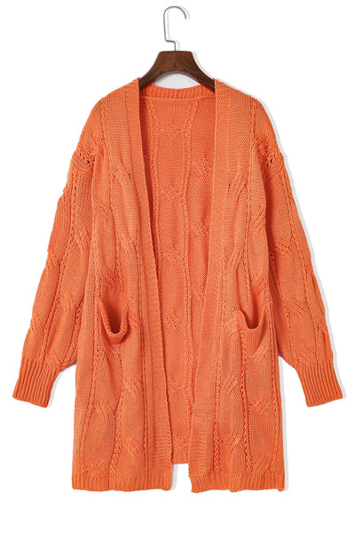 Classic Cable Knit Open-Front Cardigan with Ribbed Trim