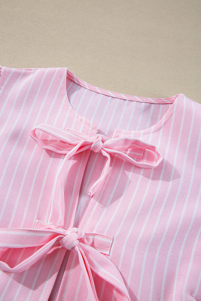 Trendy Women's Pink Striped Puff Sleeve Blouse with Bowknot Detail - Chic Crew Neck Top for Stylish Casual Looks