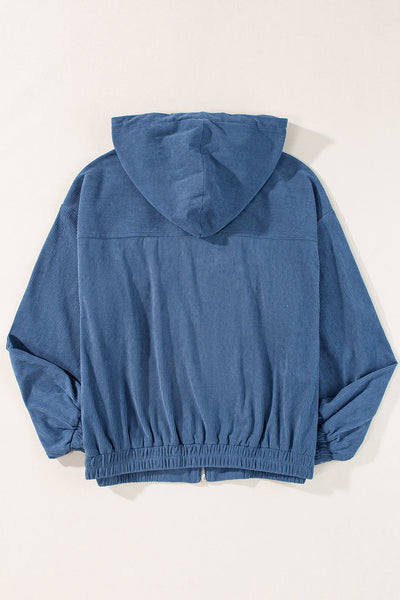 Women's Casual Real Teal Corduroy Hooded Zip-Up Jacket with Drawstring and Pockets for Everyday Comfort