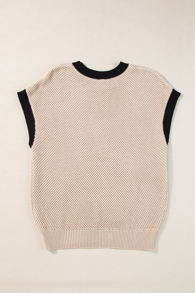 Women's Light Beige Batwing Sleeve Sweater Top - Chic Round Neck Knit Pullover with Contrast Trim for Effortless Style