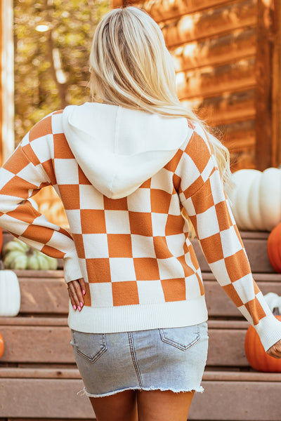 Cozy Women's Gold Flame Checkered Hooded Sweater with Split Neck & Kangaroo Pocket - Perfect for Fall Fashion
