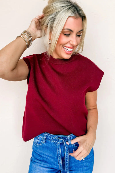 Stylish Women's Racing Red Crew Neck Knit Sweater with Cap Sleeves - Perfectly Comfortable for Everyday Fashion