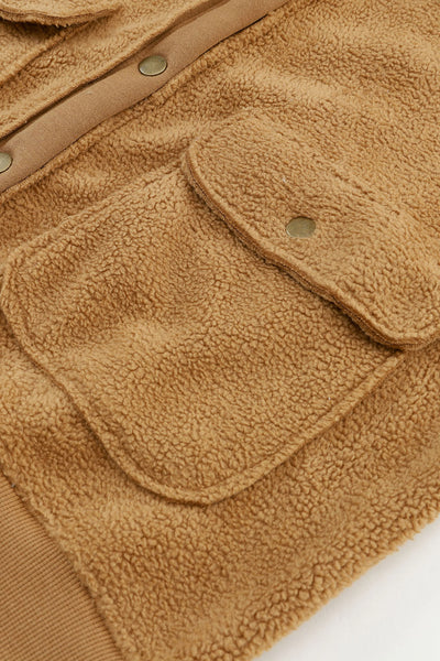 Women's Camel Sherpa Fleece Bomber Jacket with Oversized Shawl Collar