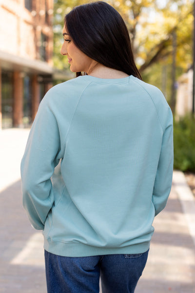 Cozy Women's Beau Blue Rainbow Colorblock Striped Pullover Sweatshirt for Casual Chic Style and Comfort