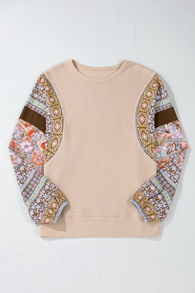 Trendy Women's Floral Patchwork Puff Sleeve Waffle Knit Top in Parchment - Chic and Comfortable for Any Occasion