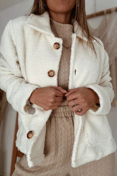 Stylish Women's Cozy Beige Sherpa Jacket with Collar, Button Closure - Perfect Warm Layer for Fall and Winter Fashion