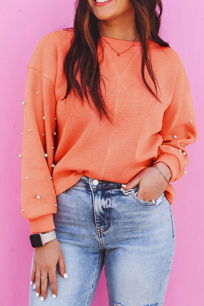 Women‚Äôs Blossom Pullover Sweatshirt with Pearled Sleeves, Drop Shoulder, and Round Neck Casual Chic in Soft Pink