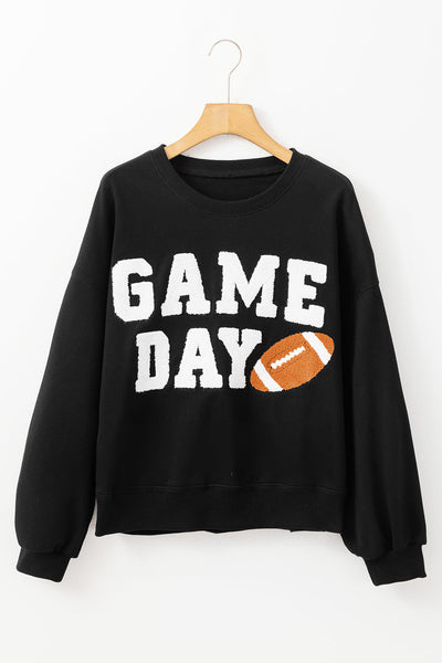 Women's Black Game Day Graphic Varsity Sweatshirt - Cozy Fit for Sports Fans, Perfect for Casual Outings and Tailgating