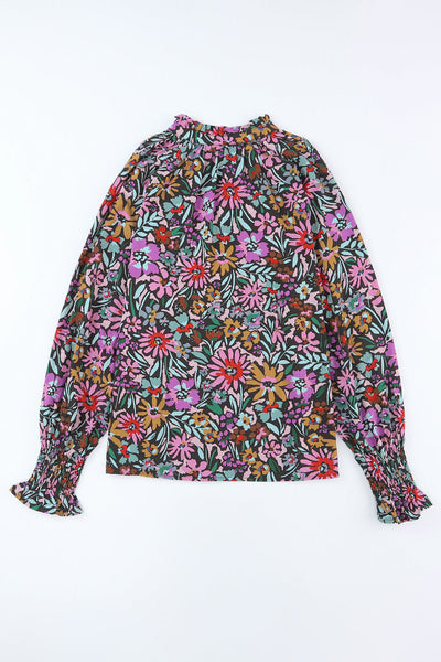 Spring Women's Multicolor Floral Ruffled Long Sleeve V-Neck Blouse - Effortlessly Elegant Top for Stylish Casual Outfits