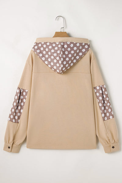 Women's Apricot Floral Patchwork Hoodie with Star Design and Adjustable Drawstring - Casual and Stylish Pullover