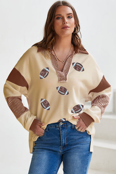 Women's Sequined Football Polo Sweatshirt with Striped Patchwork