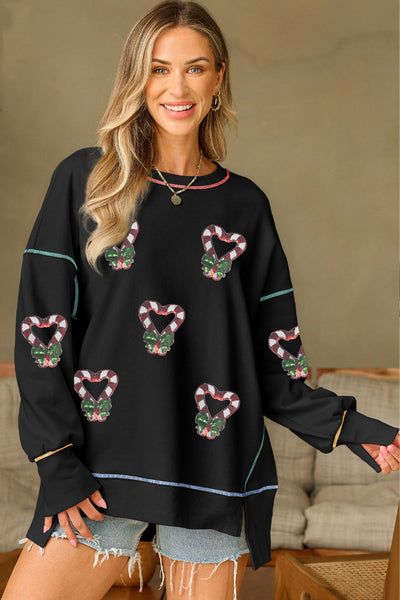 Women's Black Sequin Candy Cane Heart Holiday Sweatshirt