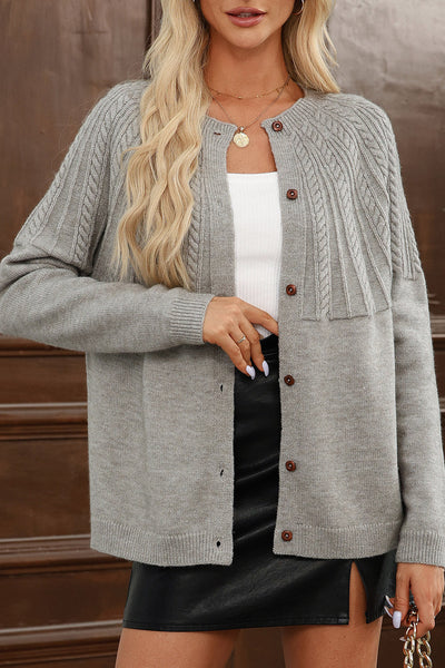 Women's Heather Gray Cable-Knit Yoke Cardigan with Wooden Buttons