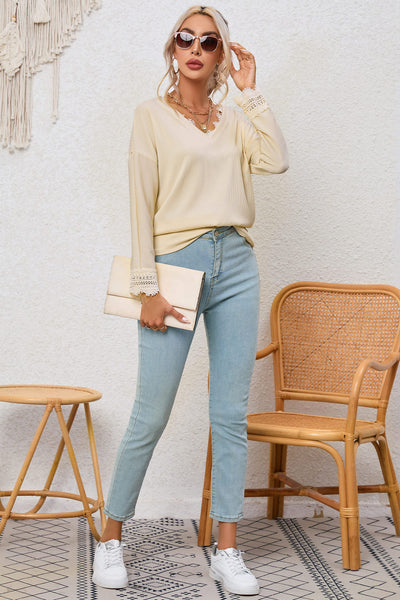 Women's Apricot Ribbed Long Sleeve V-Neck Top with Lace Trim - Chic, Comfortable Everyday Style for Effortless Looks