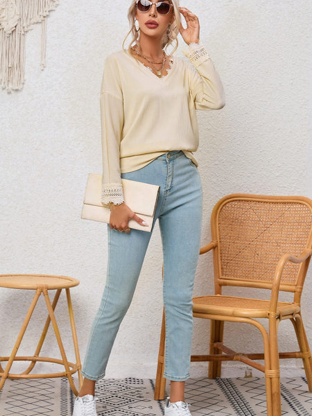 Women's Lace-Trimmed Ribbed V-Neck Blouse with Bell Sleeves