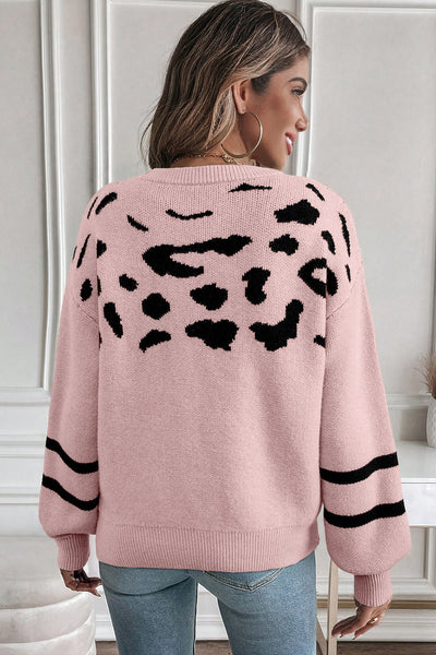 Women's Cozy Pink Leopard Print Drop Shoulder Sweater with Striped Details - Casual Chic Style for All Occasions