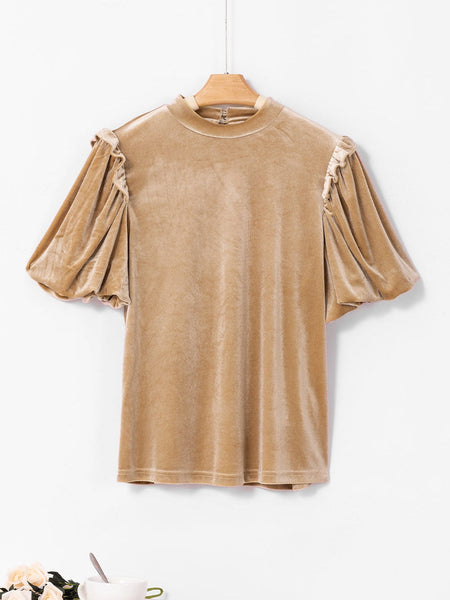 Romantic French Beige Ruffled Puff Sleeve Mock Neck Velvet Blouse