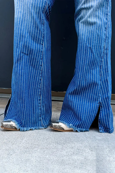 Trendy Women's Sky Blue Striped High-Waisted Flared Jeans with Raw Hem & Split Leg Design for a Chic Look