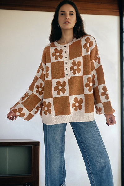 Women's Floral Checkerboard Viscose-Blend Henley Sweater