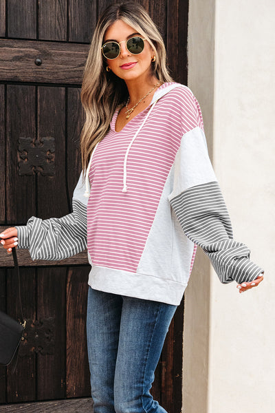 Casual Women's Pink Striped Color Block Hooded V-Neck Top - Loose Fit with Adjustable Drawstring for Comfortable Style