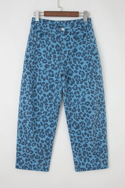 Women's High-Waist Leopard Print Straight Leg Jeans in Sky Blue