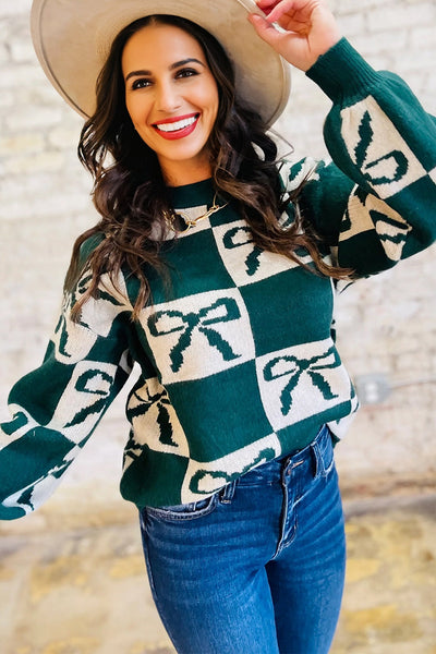 Women's Checkered Bow Knit Sweater in Hunter Green made for easy styling and wardrobe coordination, with premium-like structure and finish.