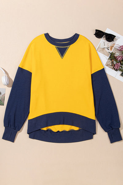Women's Yellow Color Block Sweatshirt with Thumbhole Sleeves and Drop Shoulder for a Stylish, Comfortable Fit