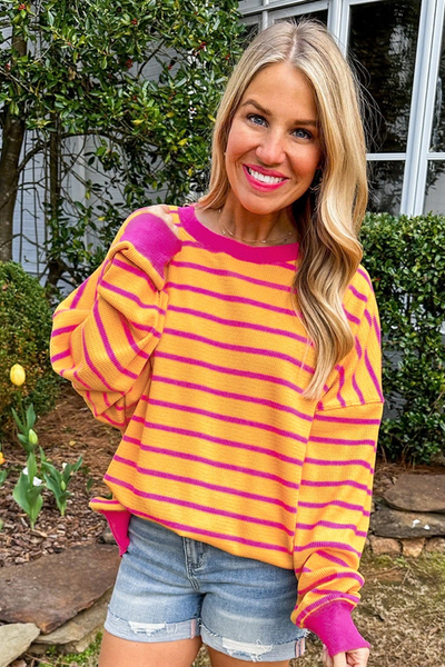 Cozy Women's Orange Stripe Trim Drop Shoulder Sweater - Stylish Loose Fit Knitwear for Casual Chic Looks