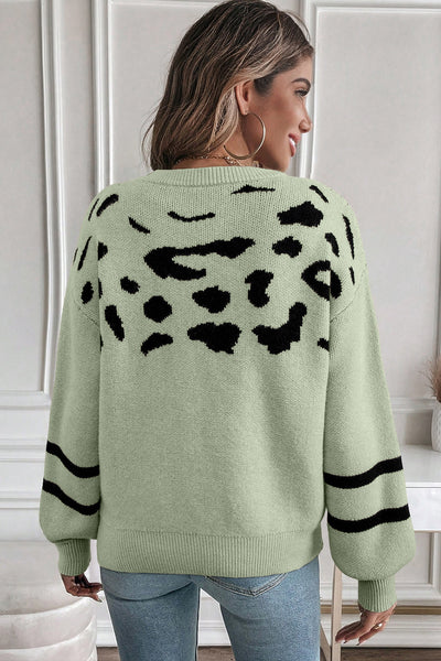 Chic Women's Green Leopard Print Drop Shoulder Sweater with Striped Accents for a Relaxed, Stylish Fit
