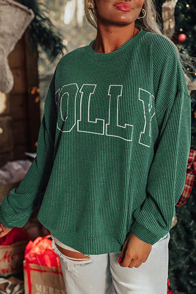Women's Loose Fit Long Sleeve Twisted Rib Graphic Top in Blackish Green with Merry Letter Design