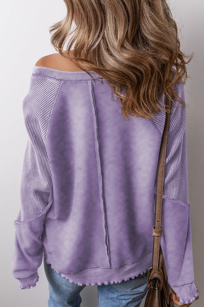 Women's Cozy Orchid Petal Waffle Knit Patchwork Raglan Sweatshirt - Casual Chic Top for Effortless Everyday Style