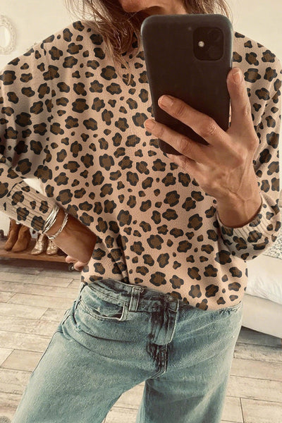 Women's Cozy Khaki Leopard Print Dolman Sleeve Sweater - Relaxed Fit Top for Effortless Chic Style