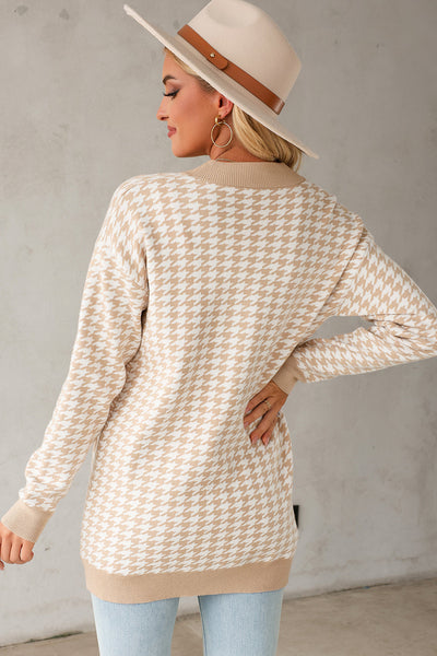 Chic Women's Slim Fit Khaki Cardigan with Contrast Edges, Metal Buttons, and Functional Pockets for Effortless Style