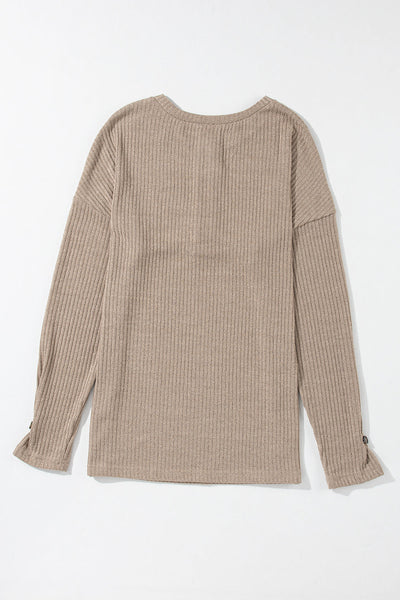 Women's Casual Pale Khaki Ribbed Long Sleeve Henley Top - Stylish Knit Shirt with Comfortable Fit for Everyday Wear