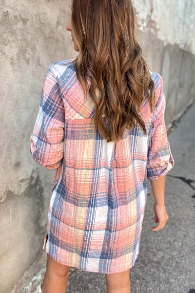 Stylish Women's Pink Plaid Shirt Dress with Roll-Tab Sleeves & Side Slits - Perfect for Casual Outings & Everyday Wear