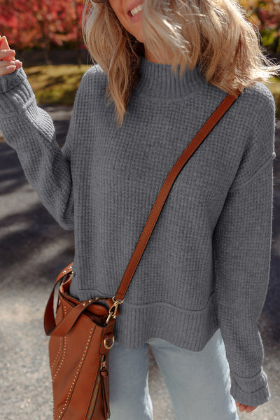 Women's Medium Grey Waffle Knit High Neck Sweater with Drop Shoulder