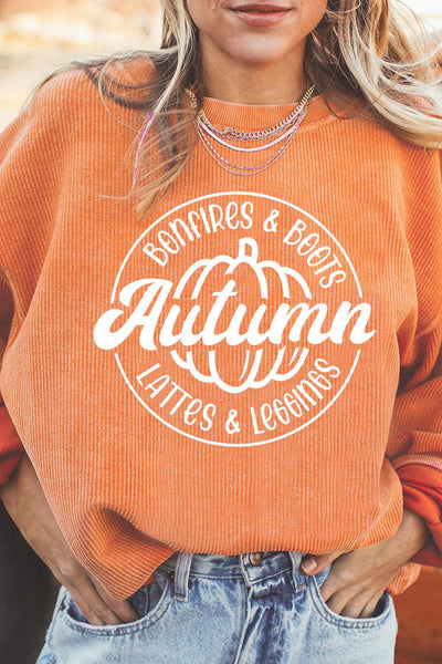 Women's Autumn Graphic Pumpkin Corduroy Sweatshirt in Rust Orange