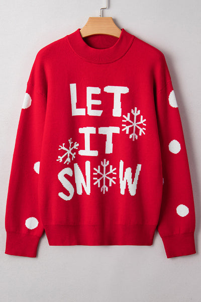 Cozy Red Dahlia Women's Holiday Graphic Sweater - Loose Fit "Let It Snow" Design for Festive Christmas Comfort and Style