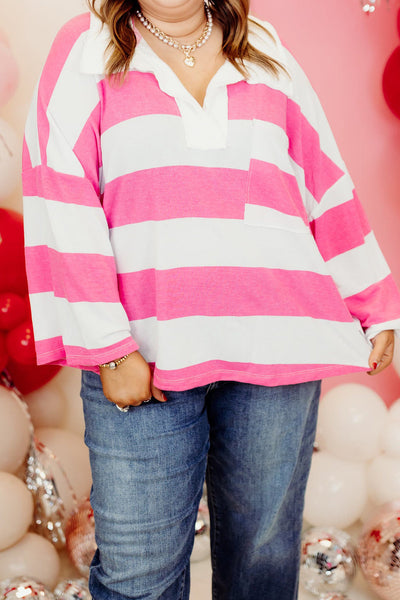 Plus Size Women's Relaxed Fit Pink Stripe Drop Shoulder Top with Solid Collar and Trendy Patchwork Design