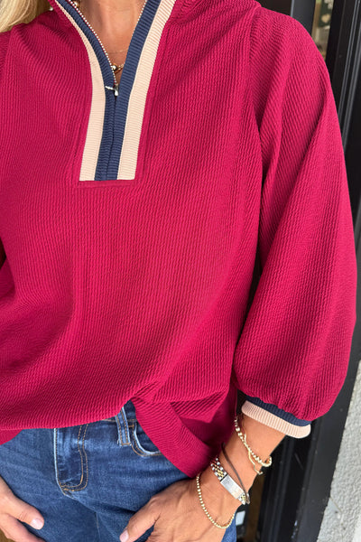 Trendy Women's Red Dahlia Striped Patchwork Top with Zip Neckline & Bracelet Sleeves for Effortless Casual Style