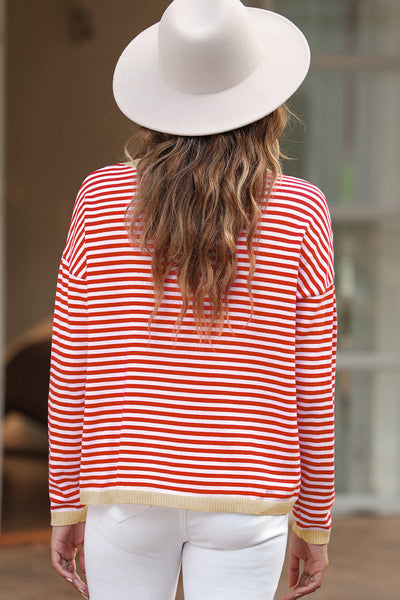 Trendy Women's Fiery Red Striped Drop Shoulder Sweater with Contrast Trim and Relaxed Fit for Effortless Style